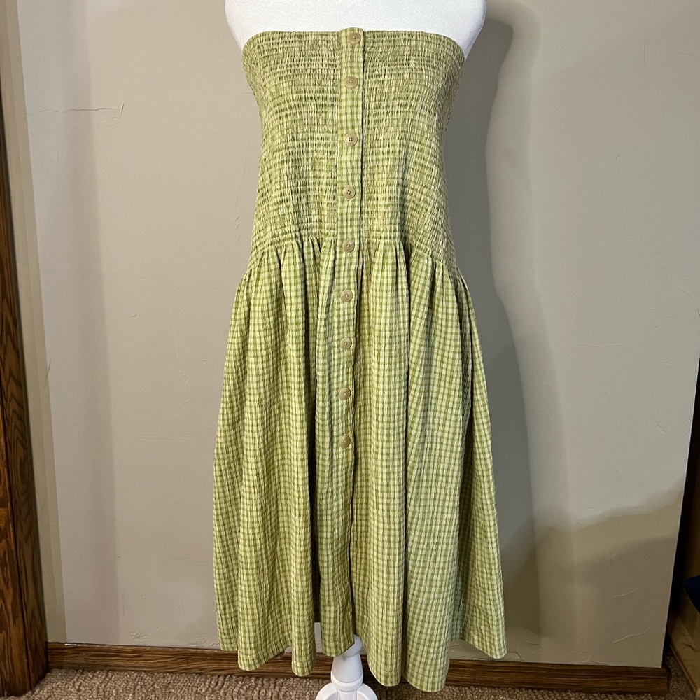 Green Gingham MNG Strapless Dress